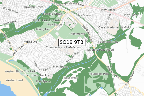 SO19 9TB map - small scale - OS Open Zoomstack (Ordnance Survey)