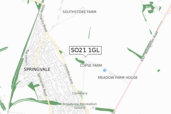 SO21 1GL map - small scale - OS Open Zoomstack (Ordnance Survey)
