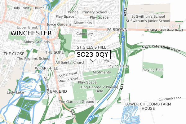 SO23 0QY map - small scale - OS Open Zoomstack (Ordnance Survey)
