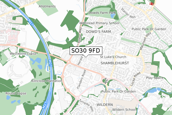 SO30 9FD map - small scale - OS Open Zoomstack (Ordnance Survey)