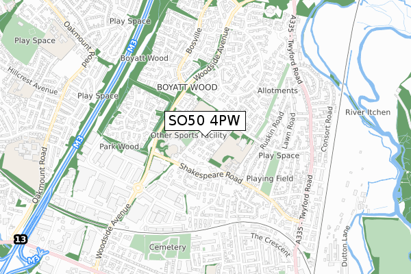 SO50 4PW map - small scale - OS Open Zoomstack (Ordnance Survey)