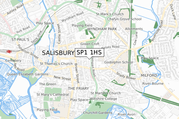 SP1 1HS map - small scale - OS Open Zoomstack (Ordnance Survey)