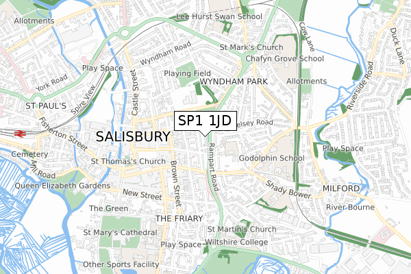 SP1 1JD map - small scale - OS Open Zoomstack (Ordnance Survey)