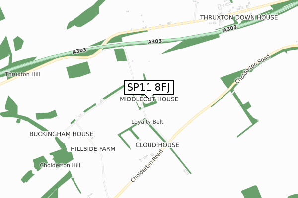 SP11 8FJ map - small scale - OS Open Zoomstack (Ordnance Survey)