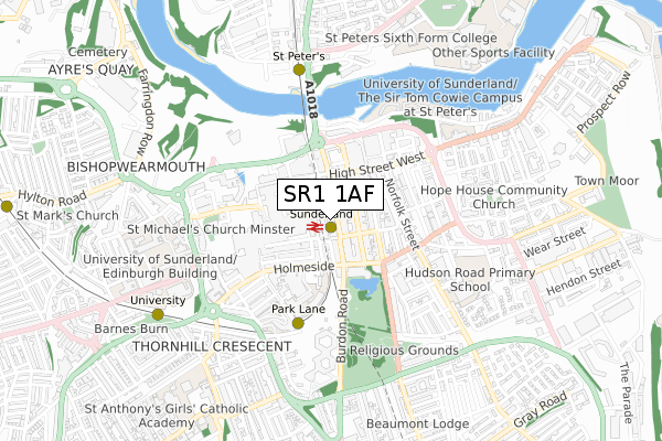 SR1 1AF map - small scale - OS Open Zoomstack (Ordnance Survey)