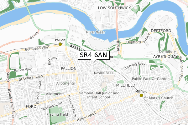 SR4 6AN map - small scale - OS Open Zoomstack (Ordnance Survey)