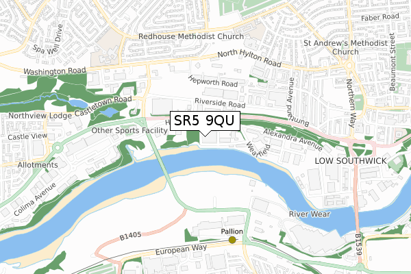 SR5 9QU map - small scale - OS Open Zoomstack (Ordnance Survey)