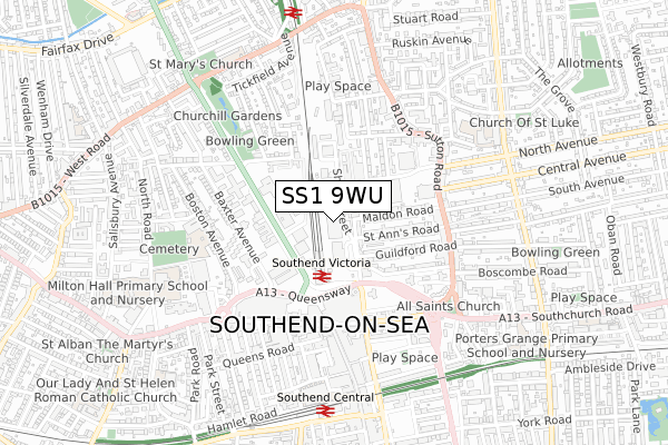 SS1 9WU map - small scale - OS Open Zoomstack (Ordnance Survey)