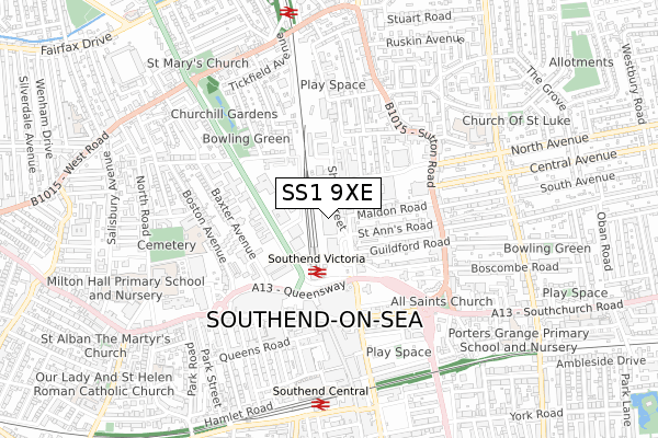 SS1 9XE map - small scale - OS Open Zoomstack (Ordnance Survey)