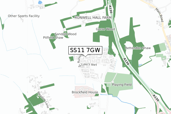 SS11 7GW map - small scale - OS Open Zoomstack (Ordnance Survey)