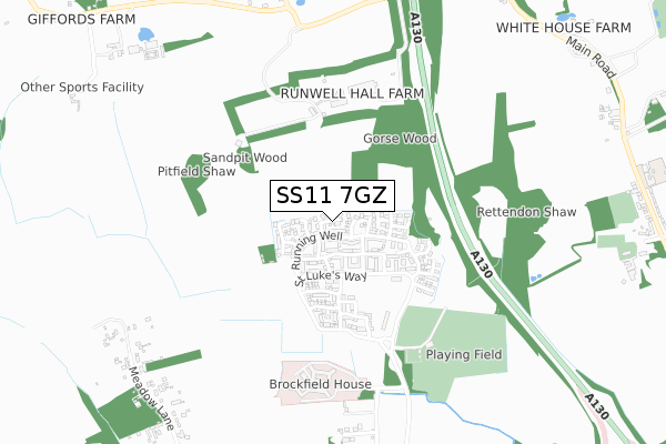 SS11 7GZ map - small scale - OS Open Zoomstack (Ordnance Survey)