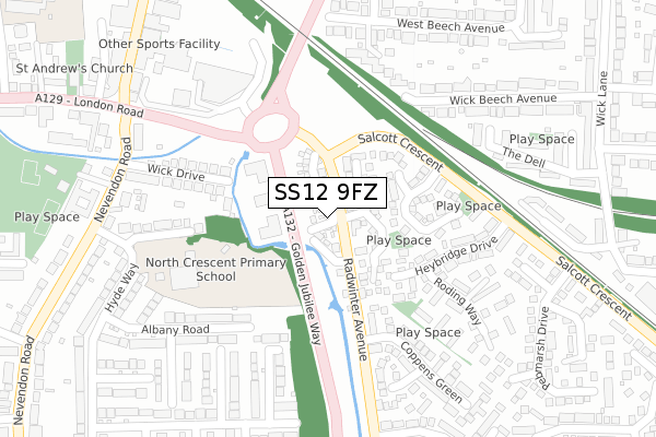 SS12 9FZ map - large scale - OS Open Zoomstack (Ordnance Survey)