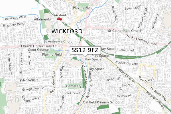 SS12 9FZ map - small scale - OS Open Zoomstack (Ordnance Survey)