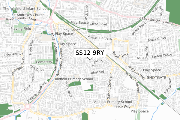 SS12 9RY map - small scale - OS Open Zoomstack (Ordnance Survey)
