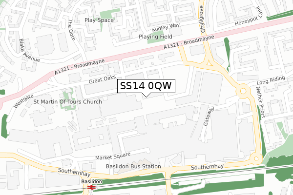 SS14 0QW map - large scale - OS Open Zoomstack (Ordnance Survey)