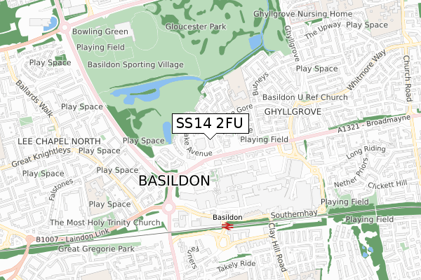 SS14 2FU map - small scale - OS Open Zoomstack (Ordnance Survey)