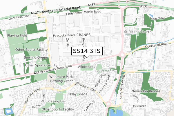 SS14 3TS map - small scale - OS Open Zoomstack (Ordnance Survey)