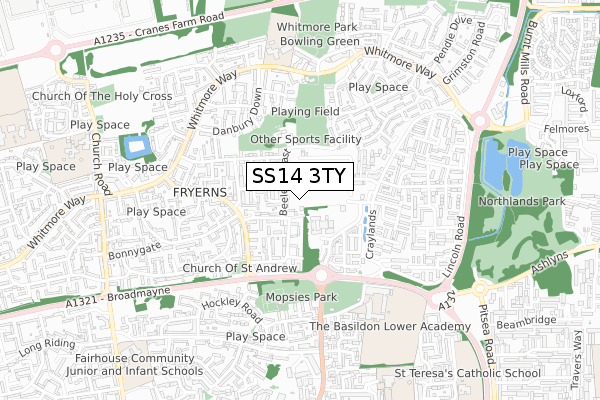 SS14 3TY map - small scale - OS Open Zoomstack (Ordnance Survey)