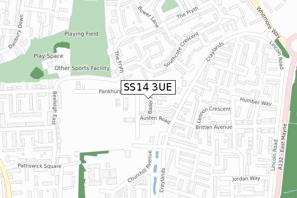 SS14 3UE map - large scale - OS Open Zoomstack (Ordnance Survey)