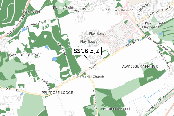 SS16 5JZ map - small scale - OS Open Zoomstack (Ordnance Survey)