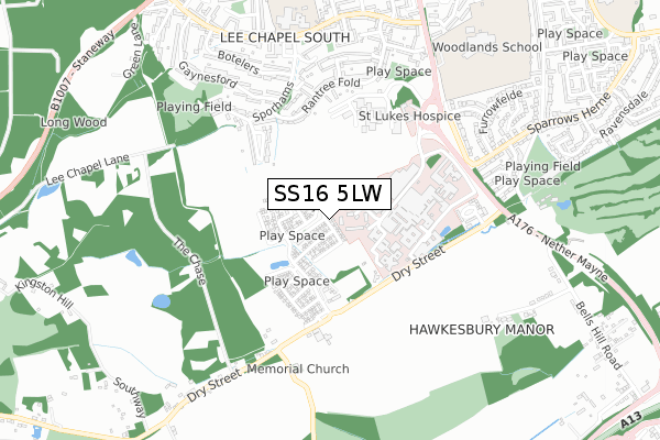 SS16 5LW map - small scale - OS Open Zoomstack (Ordnance Survey)