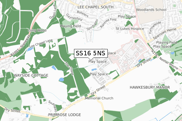 SS16 5NS map - small scale - OS Open Zoomstack (Ordnance Survey)