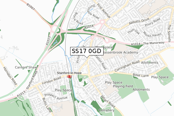 SS17 0GD map - small scale - OS Open Zoomstack (Ordnance Survey)