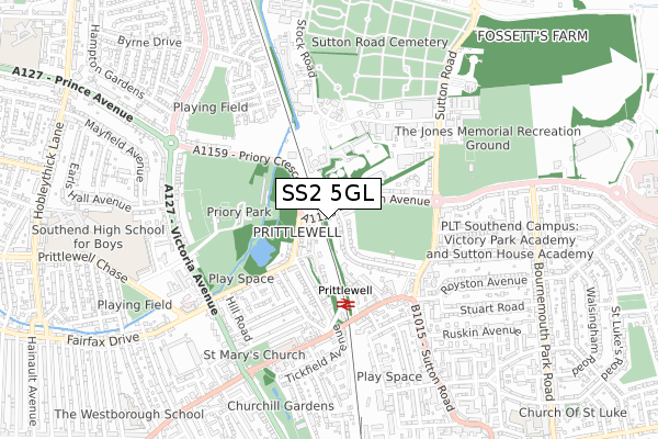 SS2 5GL map - small scale - OS Open Zoomstack (Ordnance Survey)