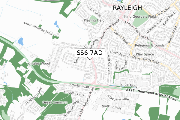 SS6 7AD map - small scale - OS Open Zoomstack (Ordnance Survey)