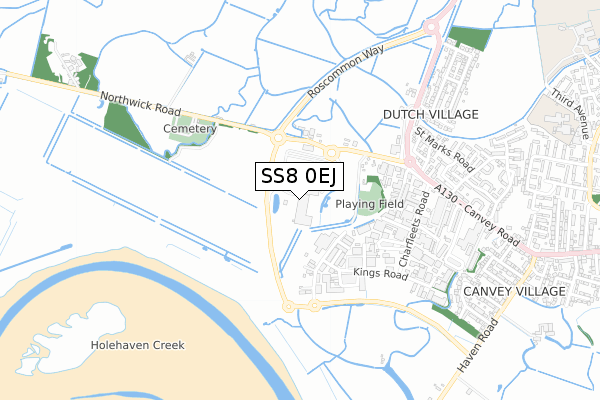 SS8 0EJ map - small scale - OS Open Zoomstack (Ordnance Survey)