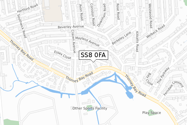 SS8 0FA map - large scale - OS Open Zoomstack (Ordnance Survey)