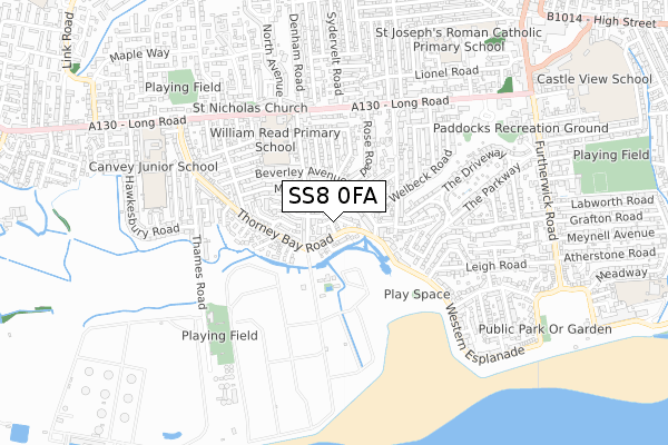 SS8 0FA map - small scale - OS Open Zoomstack (Ordnance Survey)
