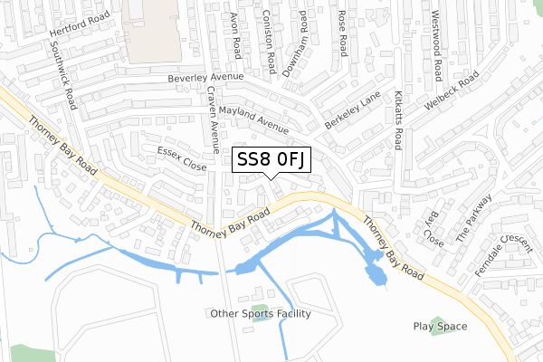 SS8 0FJ map - large scale - OS Open Zoomstack (Ordnance Survey)
