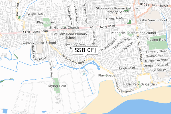 SS8 0FJ map - small scale - OS Open Zoomstack (Ordnance Survey)