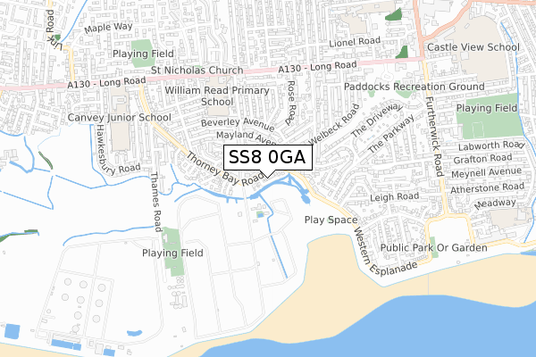 SS8 0GA map - small scale - OS Open Zoomstack (Ordnance Survey)