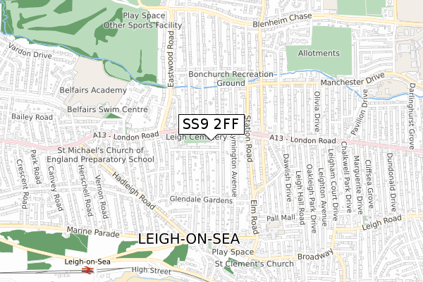 SS9 2FF map - small scale - OS Open Zoomstack (Ordnance Survey)