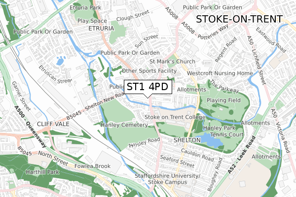 ST1 4PD map - small scale - OS Open Zoomstack (Ordnance Survey)