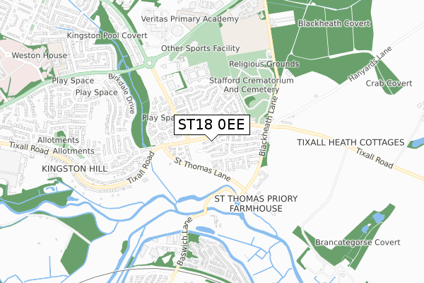 ST18 0EE map - small scale - OS Open Zoomstack (Ordnance Survey)