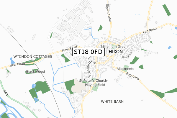 ST18 0FD map - small scale - OS Open Zoomstack (Ordnance Survey)