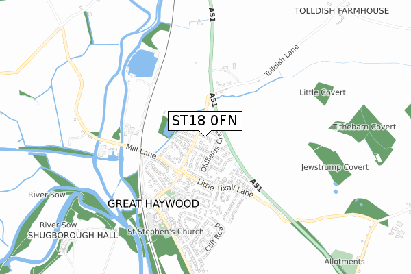 ST18 0FN map - small scale - OS Open Zoomstack (Ordnance Survey)