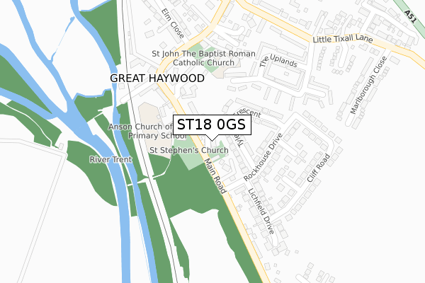 ST18 0GS map - large scale - OS Open Zoomstack (Ordnance Survey)