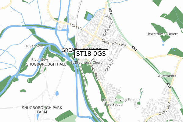 ST18 0GS map - small scale - OS Open Zoomstack (Ordnance Survey)