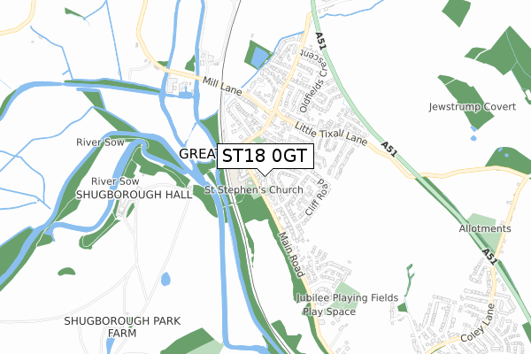 ST18 0GT map - small scale - OS Open Zoomstack (Ordnance Survey)