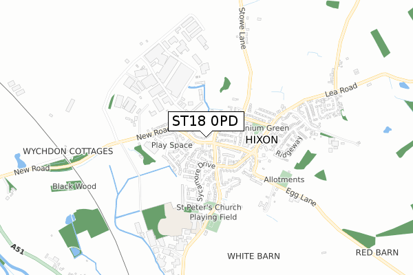 ST18 0PD map - small scale - OS Open Zoomstack (Ordnance Survey)