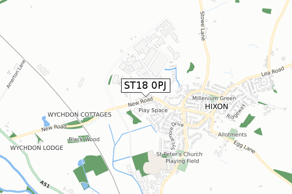 ST18 0PJ map - small scale - OS Open Zoomstack (Ordnance Survey)