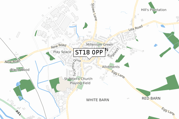 ST18 0PP map - small scale - OS Open Zoomstack (Ordnance Survey)