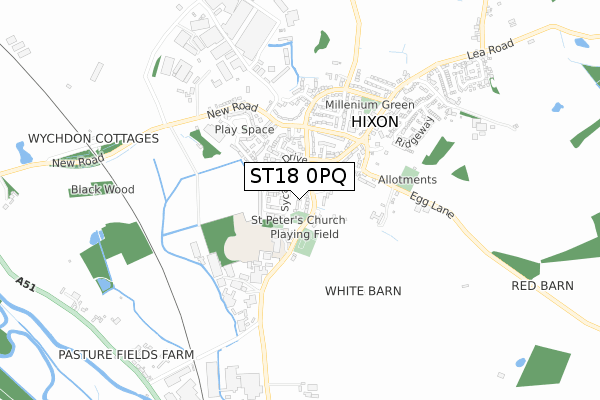 ST18 0PQ map - small scale - OS Open Zoomstack (Ordnance Survey)