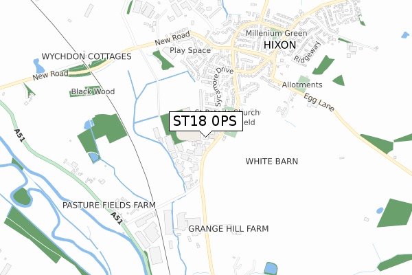 ST18 0PS map - small scale - OS Open Zoomstack (Ordnance Survey)