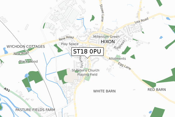 ST18 0PU map - small scale - OS Open Zoomstack (Ordnance Survey)