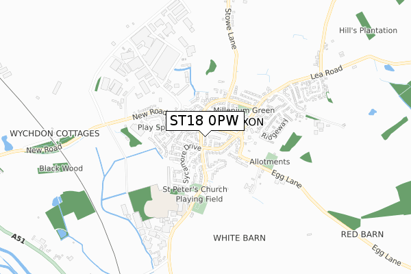 ST18 0PW map - small scale - OS Open Zoomstack (Ordnance Survey)